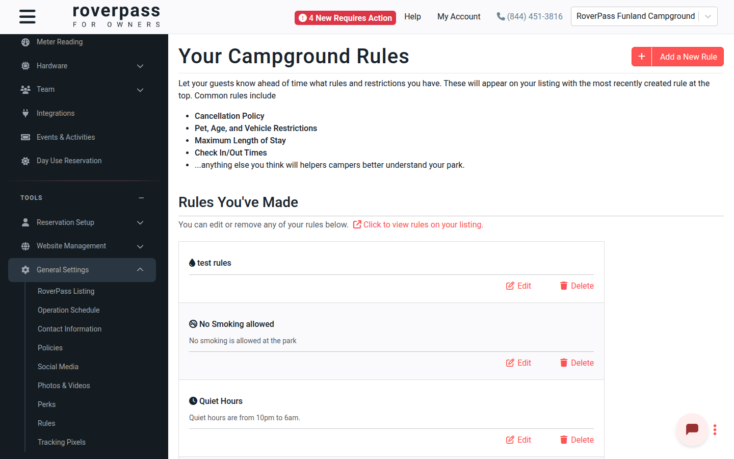 RoverPass owner portal sidebar with General Settings expanded and Rules highlighted