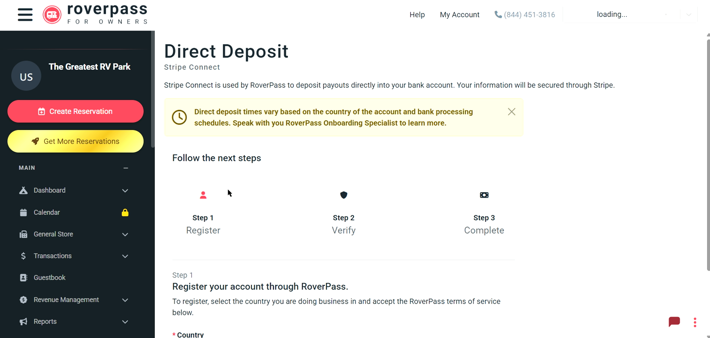 Direct Deposit setup page