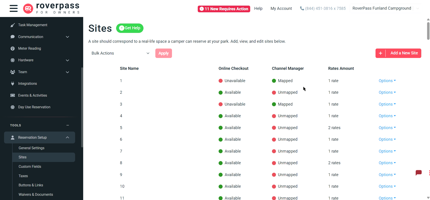 Sites tab overview