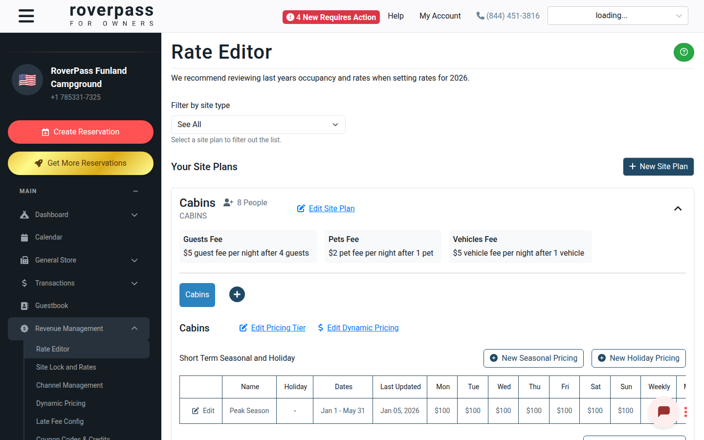Rate Editor page with Revenue Management → Rate Editor active in the sidebar